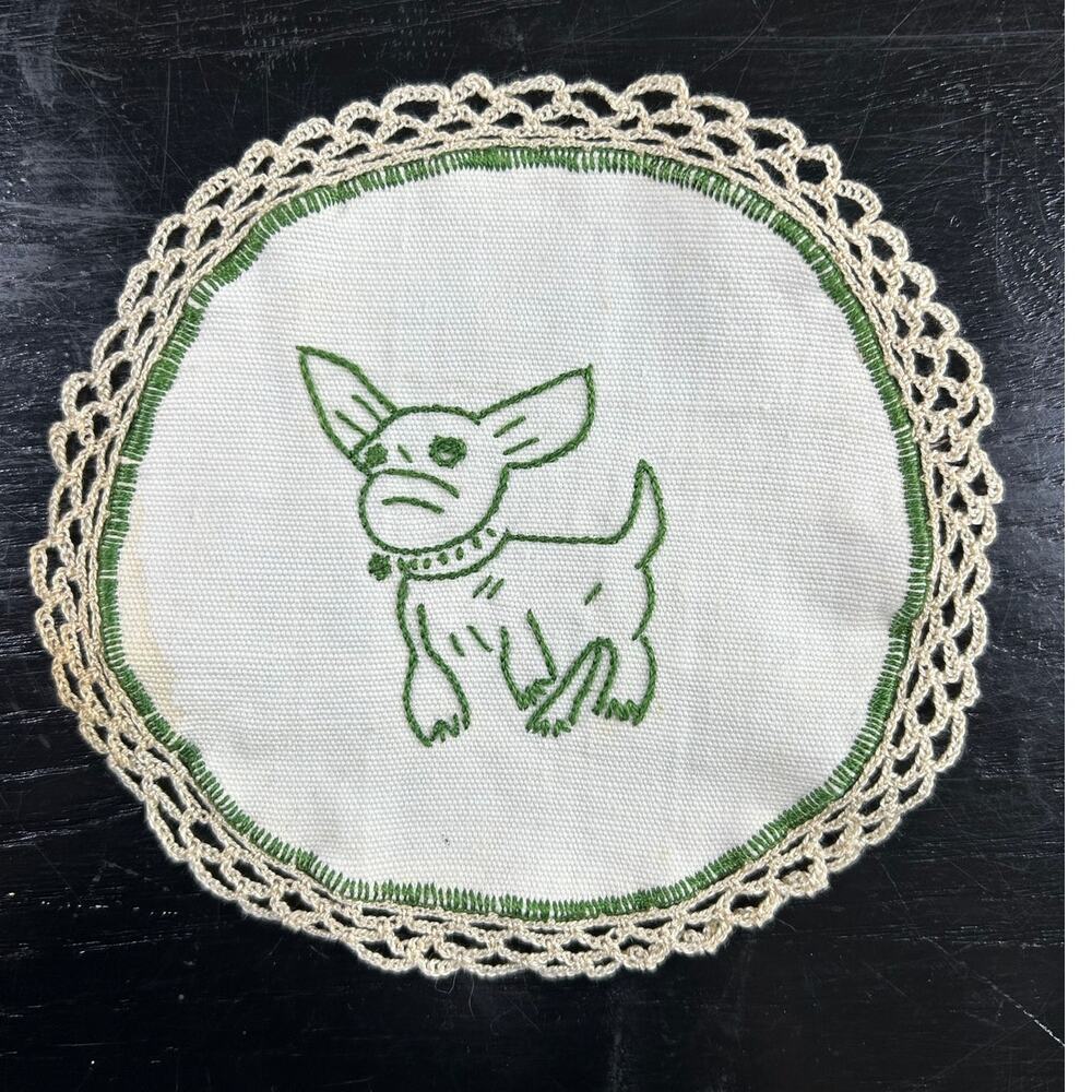 Vintage- Small Dog- Round 6 " doily- chihuahua- small stain- white green